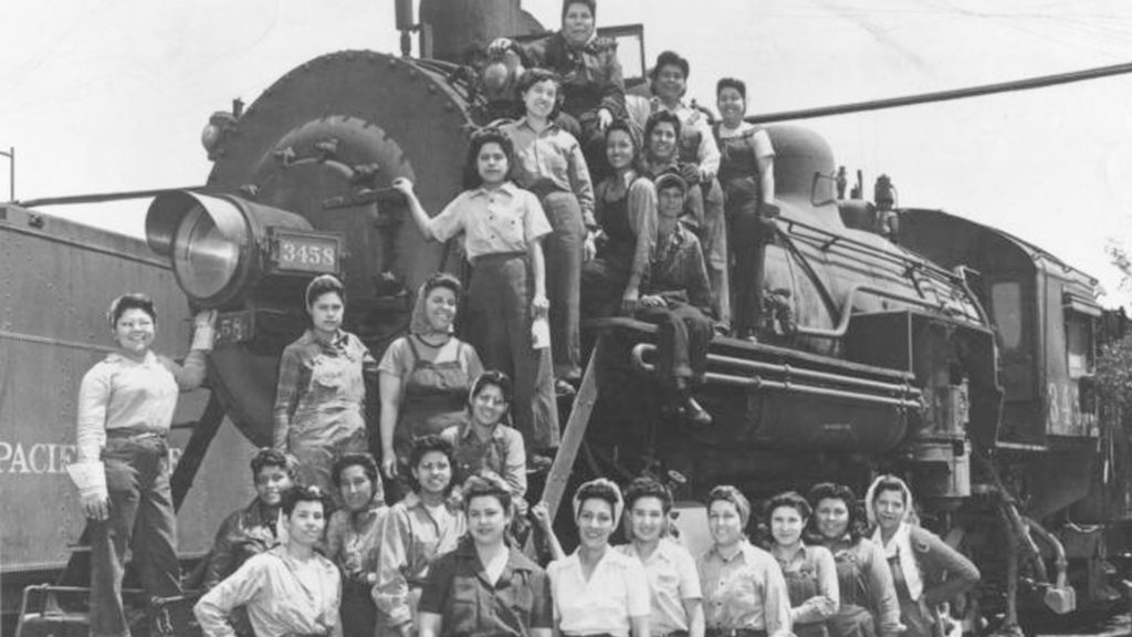 Female Southern Pacific Railroad Company employees during World War II, in the early 1940s. Identified in the photograph are Celia Morelos Pain, Brijida Vasquez, Rebeca Andrade, Ramona Herran Robles, Lily Valenzuela Liu, and Juana Lujan. Image courtesy of the Arizona Memory Project, Arizona Historical Society and Library, Southern Arizona Division.